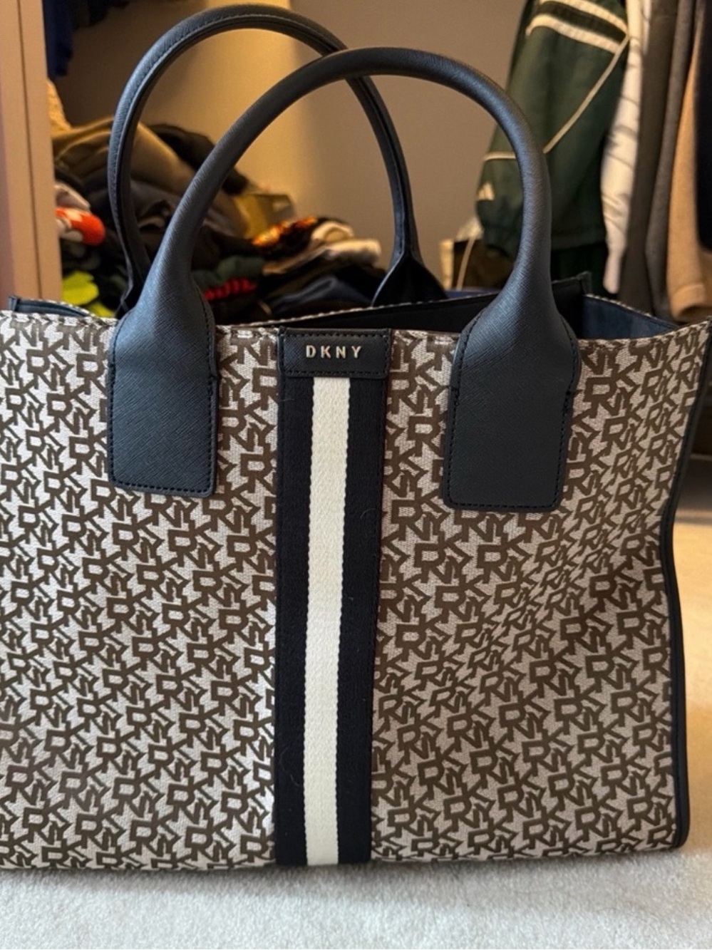 DKNY Brown Monogram Tote with Black and Cream Stripe